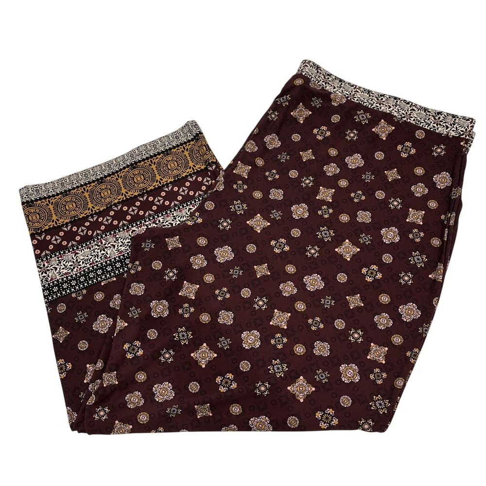 Susan Graver Pants Womens 3XP Maroon Mixed Print Liquid Knit Pull On Wide Leg